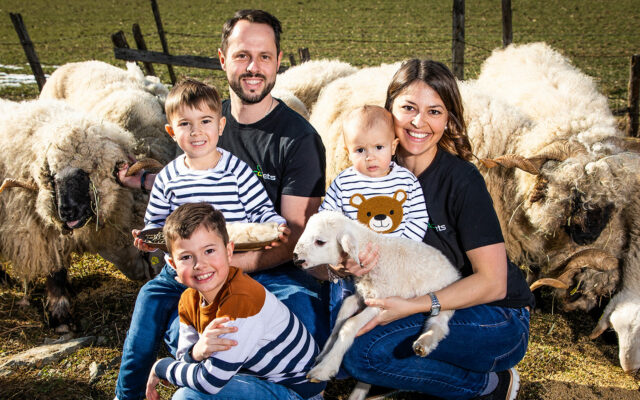 Die Familie Weitschacher inmitten ihrer Walliser Schwarznasenschafe