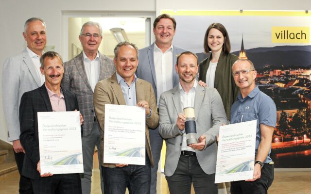 Baudirektor Otto Lauritsch, Stadtrat Harald Sobe, Bürgermeister Günther Albel, Christina Berger (Fördermanagement, IT-Chef Manfred Wundara, Max Lustig (Wirtschaftshof-Leiter-Stv.), Tiefbau-Chef Thomas Moraus und Gerry Duschnig (Tiefbau)