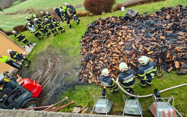 Recht­zei­tig gelöscht: Brenn­holz­la­ger brann­te